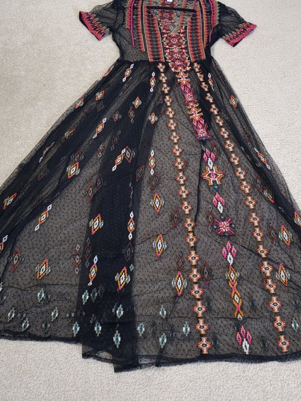 Sundance Aztec Embroidered Panels Print Mesh V-Neck Shell Maxi Dress Black Sz S